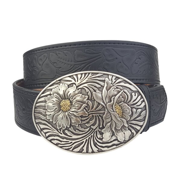 Western Sunflower Buckle w. Tooled Floral Belt